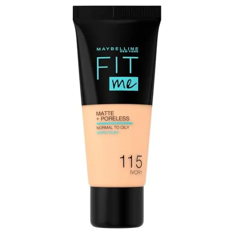 کرم پودر مایع مات و بدون منافذ مدل Fit Me 115 Ivory مایبلین مناسب پوست‌های نرمال تا چرب